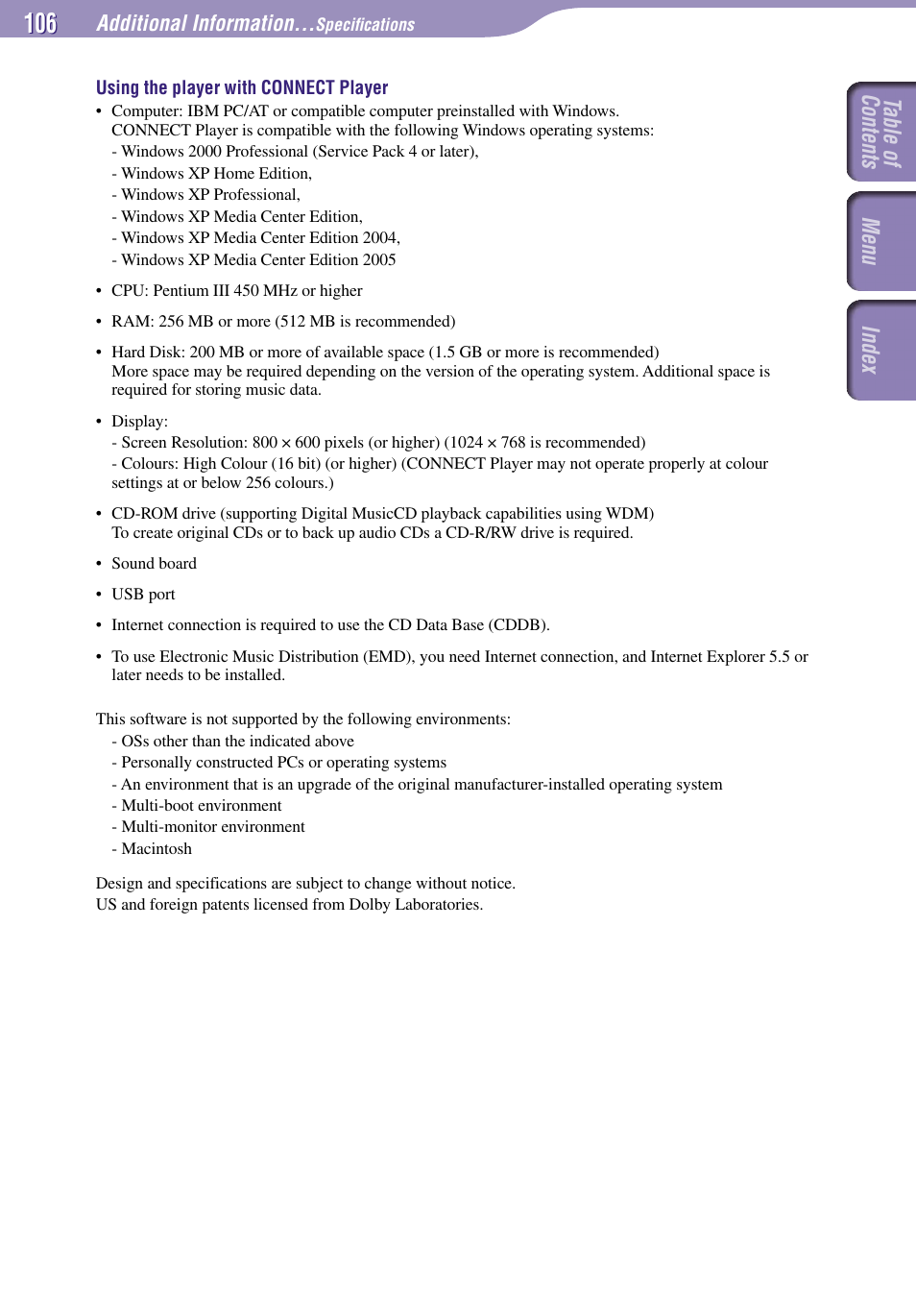 Table of contents index menu | Sony NW-A3000 Series User Manual | Page 106 / 109