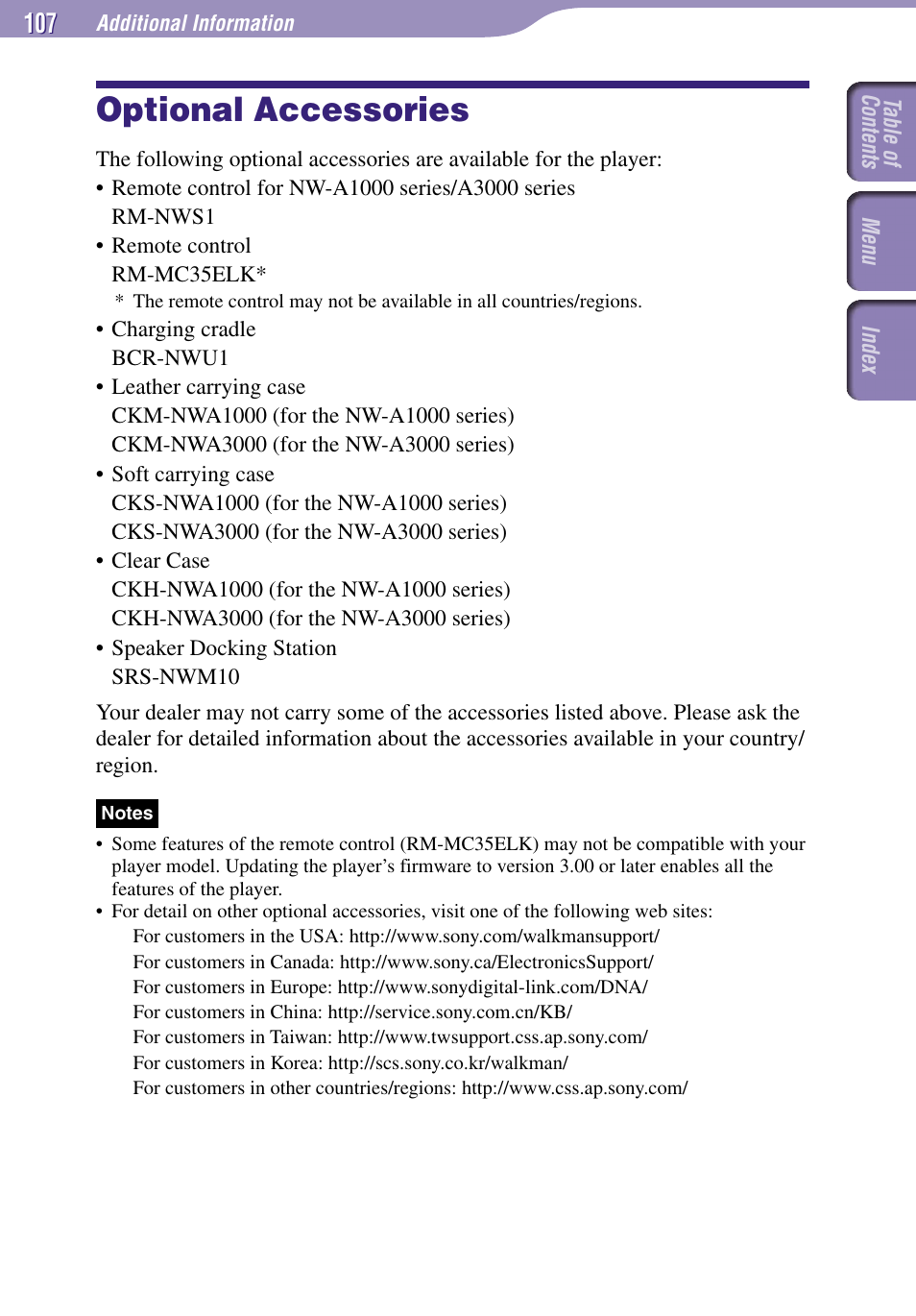 Optional accessories | Sony NW-A3000 Series User Manual | Page 107 / 109