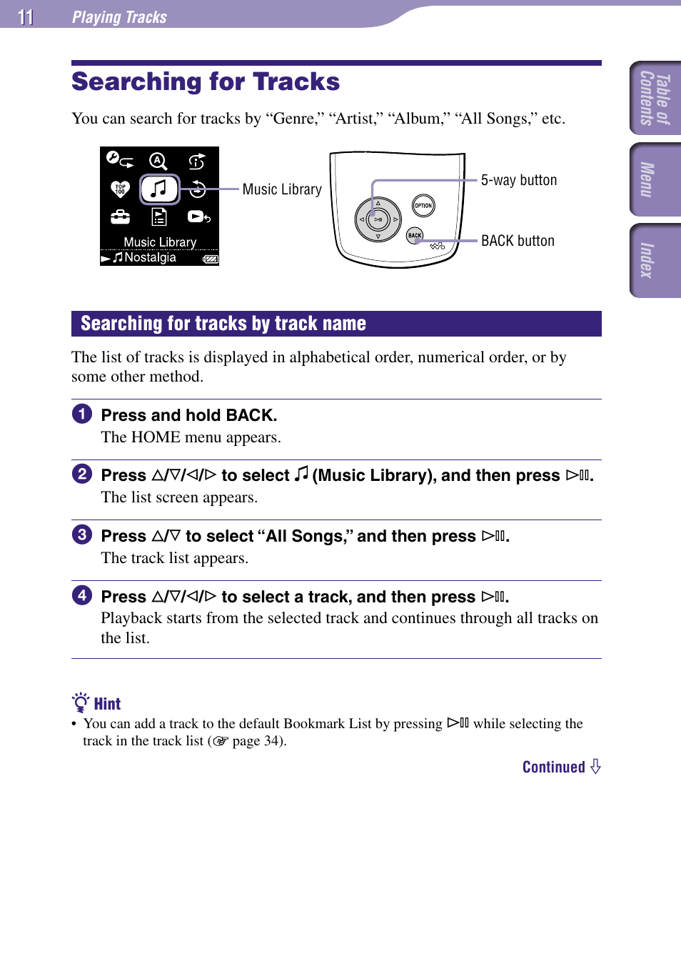 Playing tracks, Searching for tracks, Y track name | Searching for tracks by track name | Sony NW-A3000 Series User Manual | Page 11 / 109