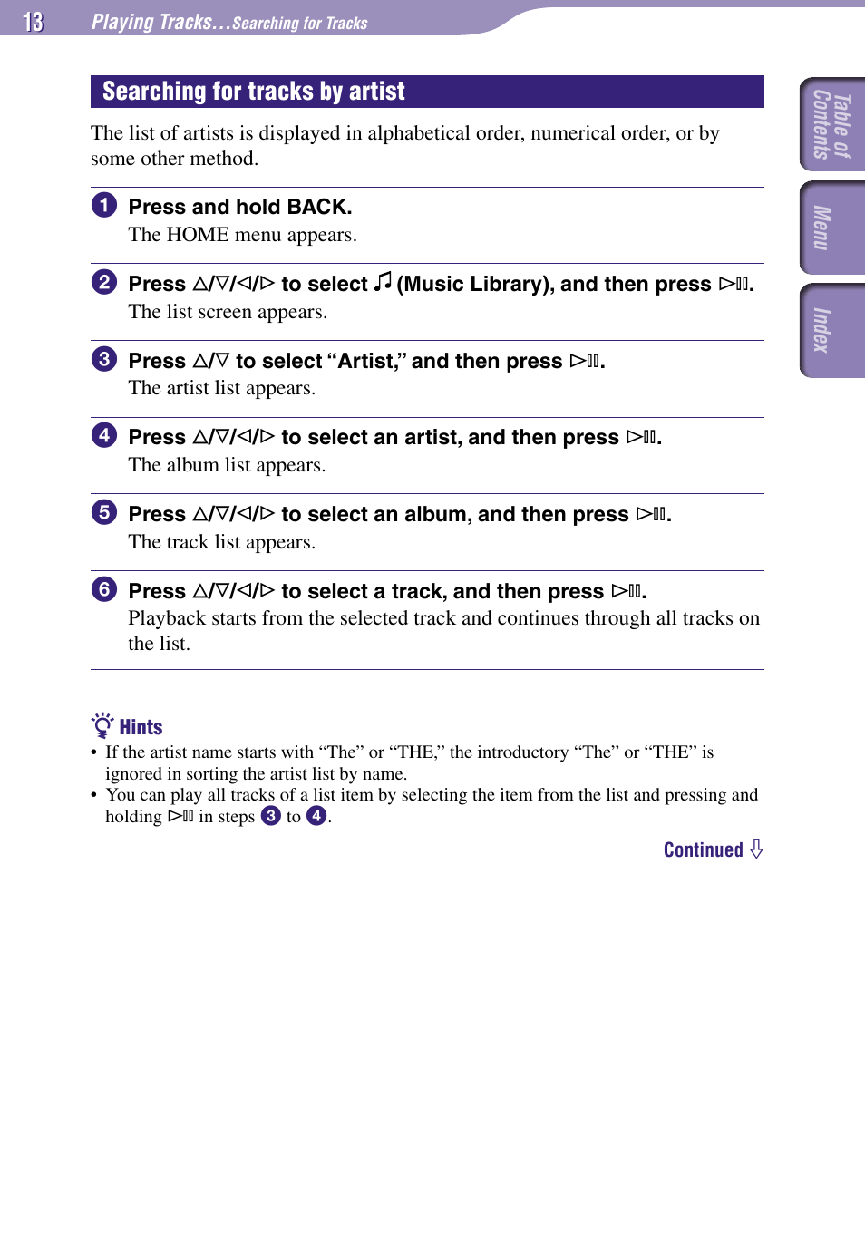 Y artist, Searching for tracks by artist | Sony NW-A3000 Series User Manual | Page 13 / 109
