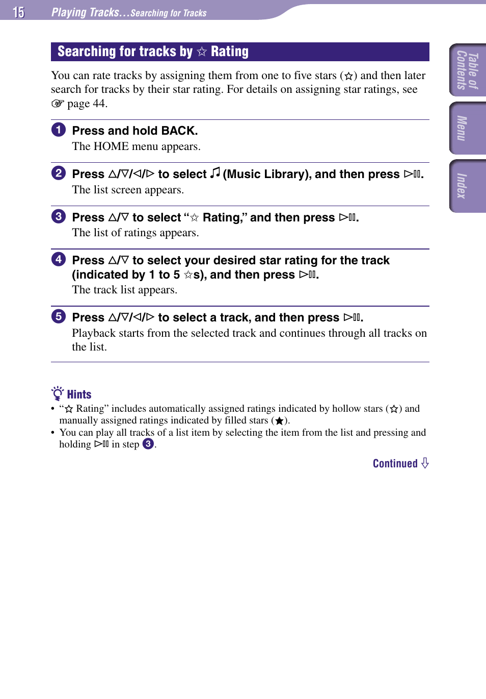 Y ✩ rating, Searching for tracks by ✩ rating | Sony NW-A3000 Series User Manual | Page 15 / 109