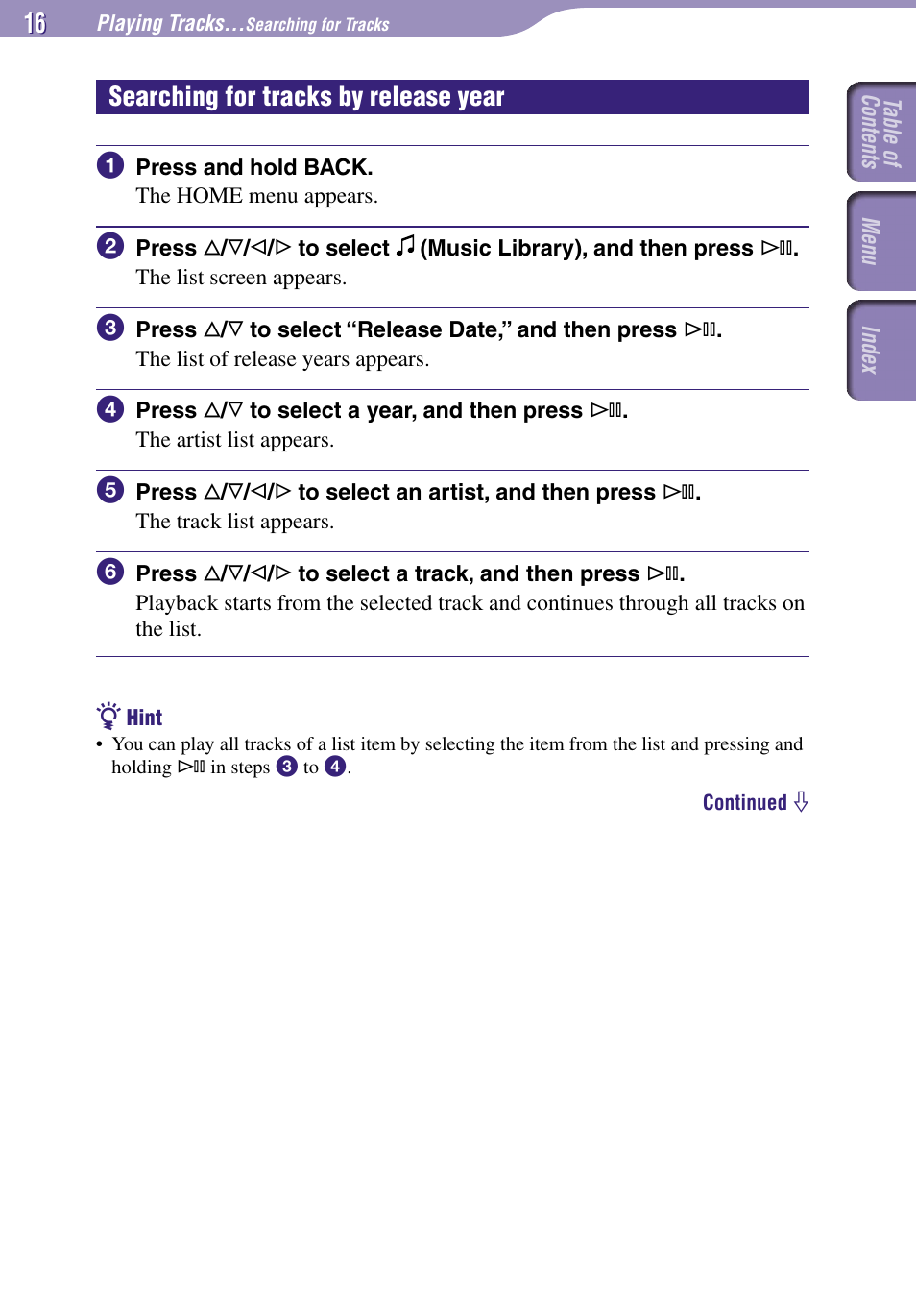 Y release year, Searching for tracks by release year | Sony NW-A3000 Series User Manual | Page 16 / 109