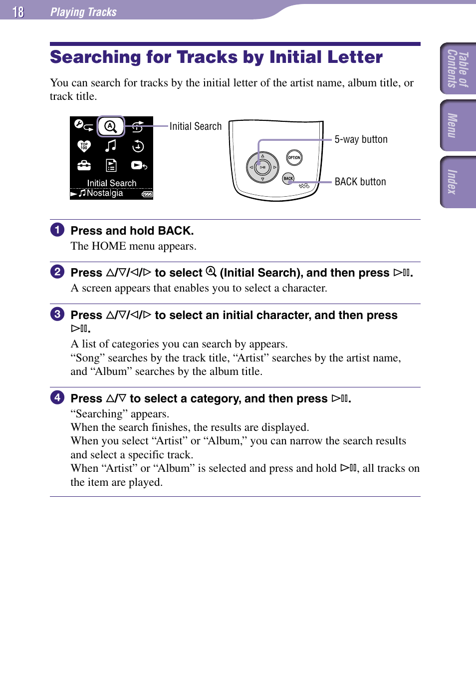 Searching for tracks by initial letter | Sony NW-A3000 Series User Manual | Page 18 / 109