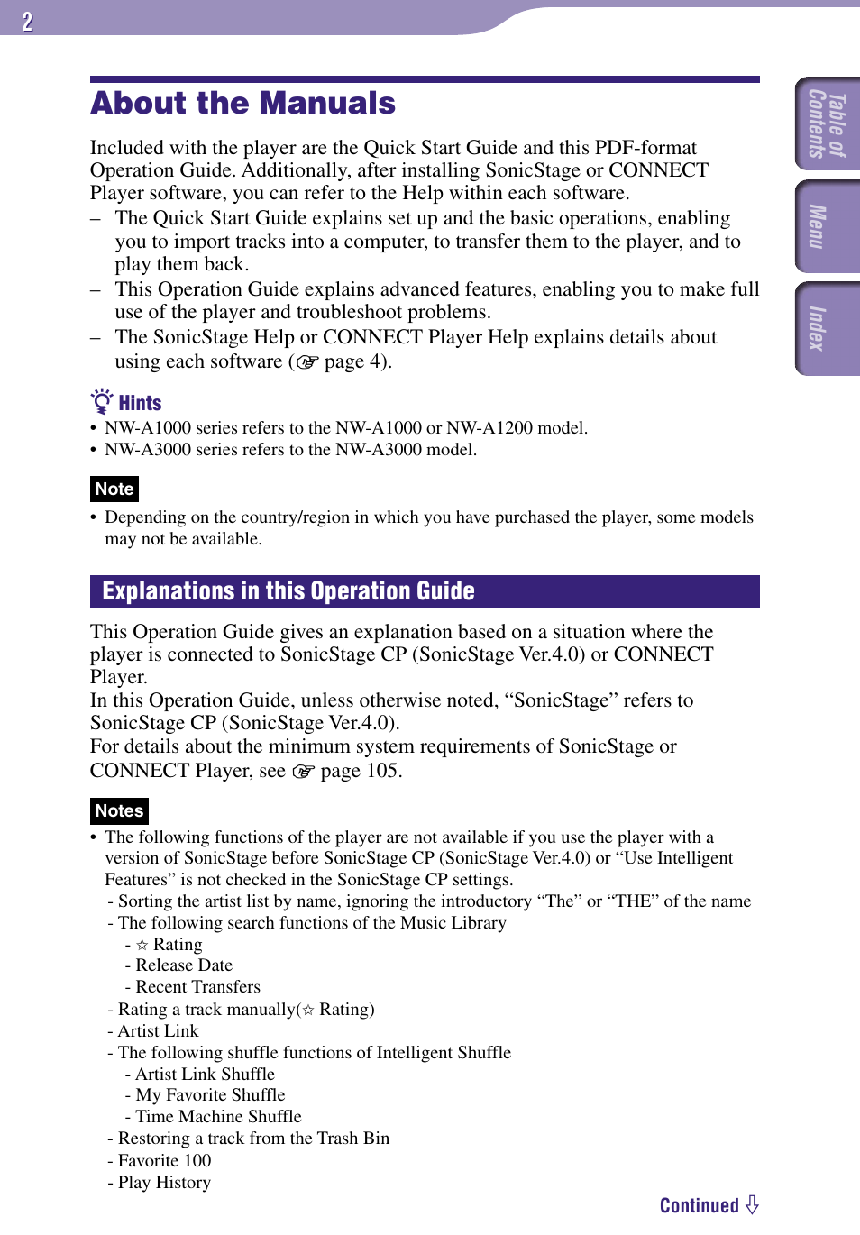 About the manuals, Explanations in this operation guide | Sony NW-A3000 Series User Manual | Page 2 / 109