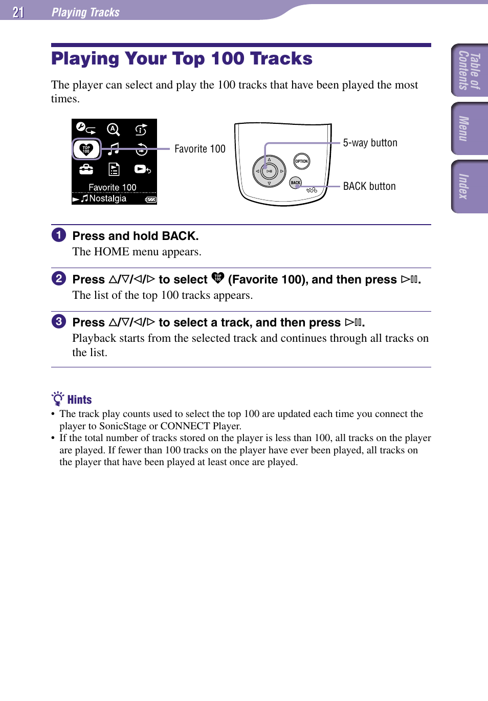 Playing your top 100 tracks | Sony NW-A3000 Series User Manual | Page 21 / 109