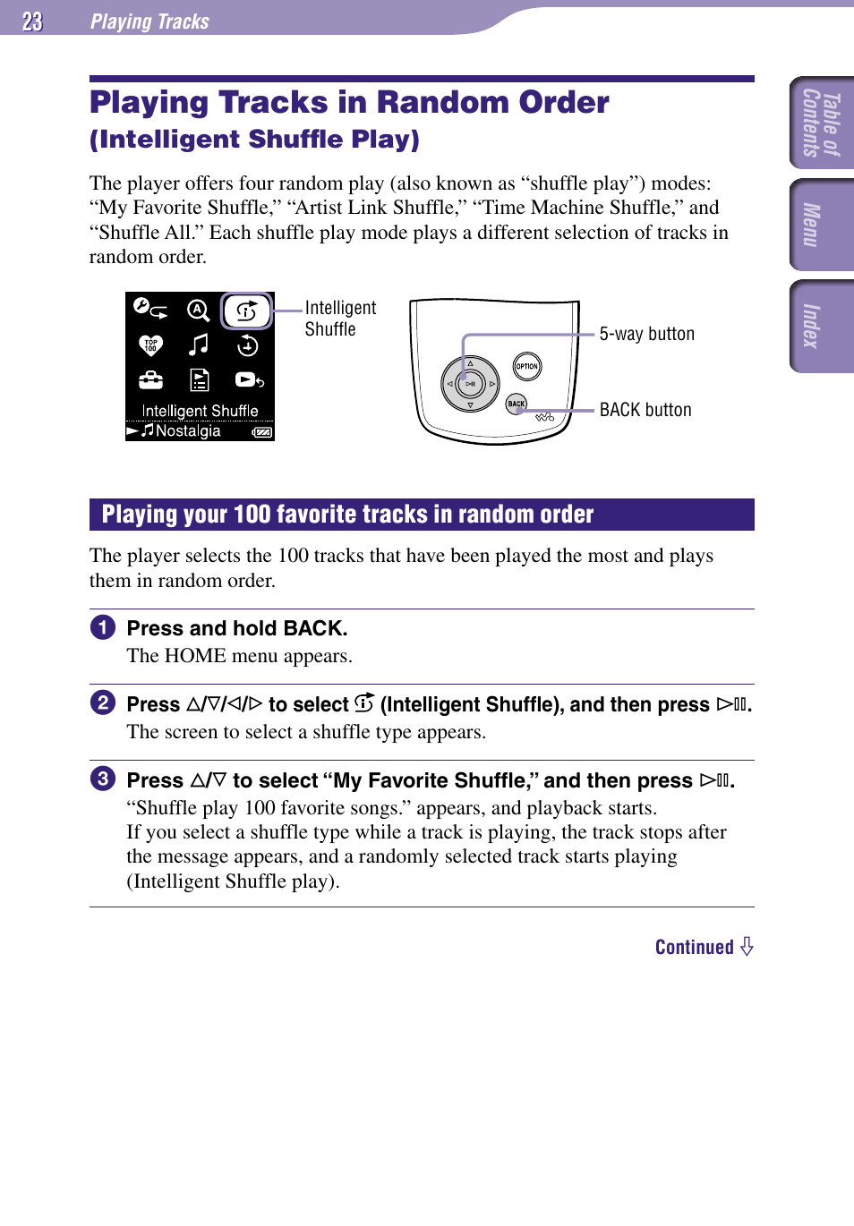 Playing tracks in random order, Intelligent shufﬂe play), Playing your 100 favorite tracks | In random order, Playing your 100 favorite tracks in random order | Sony NW-A3000 Series User Manual | Page 23 / 109