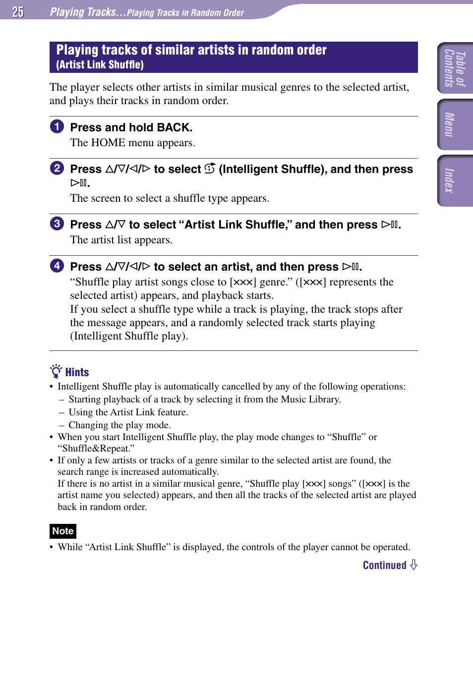 Playing tracks of similar artists, In random order (artist link shufﬂe), Playing tracks of similar artists in random order | Sony NW-A3000 Series User Manual | Page 25 / 109