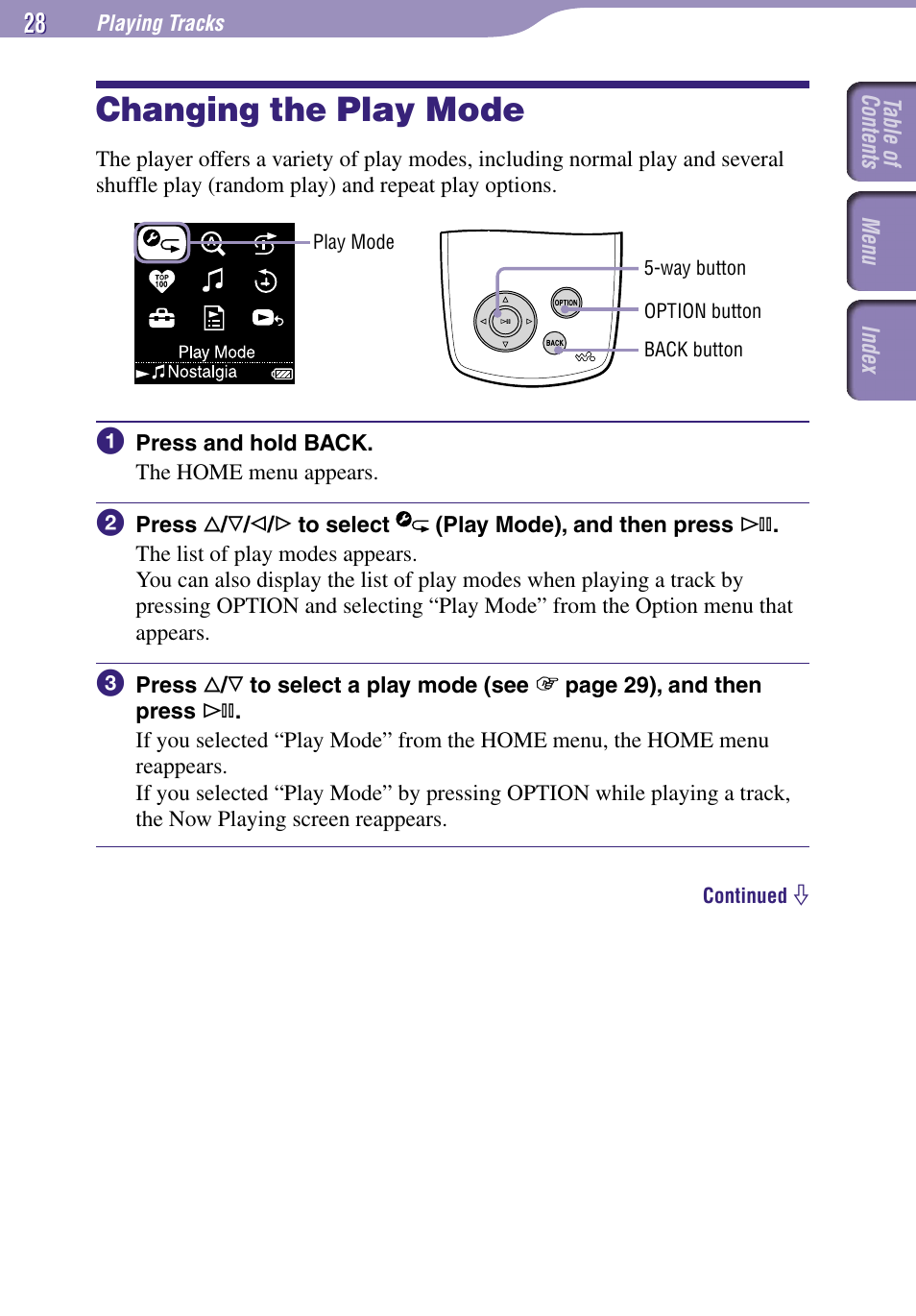 Changing the play mode | Sony NW-A3000 Series User Manual | Page 28 / 109
