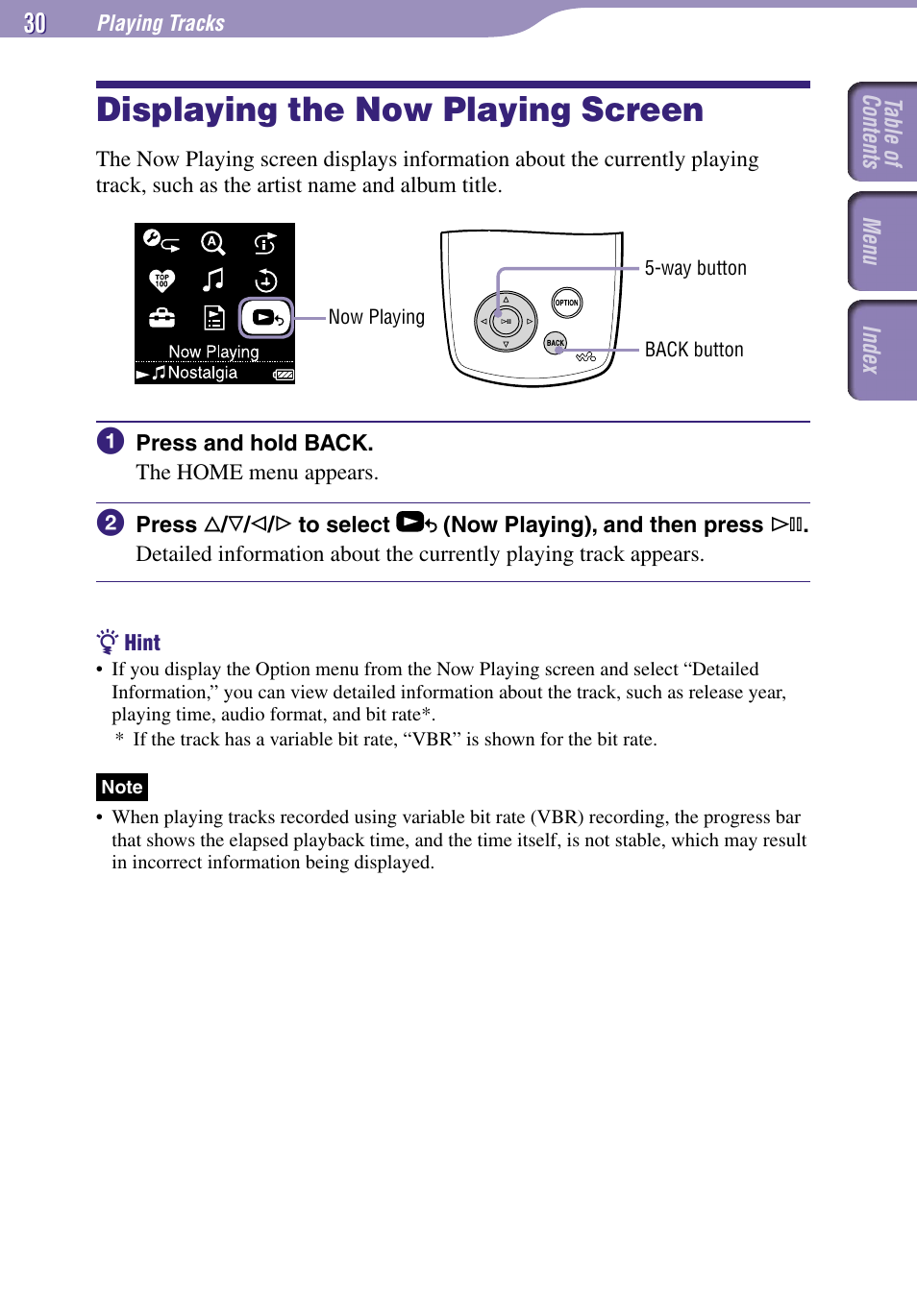 Displaying the now playing screen | Sony NW-A3000 Series User Manual | Page 30 / 109