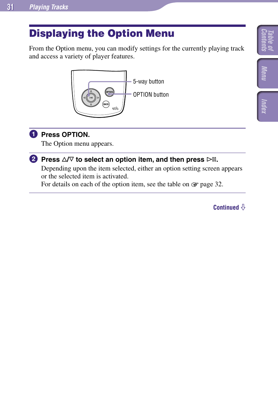 Displaying the option menu | Sony NW-A3000 Series User Manual | Page 31 / 109