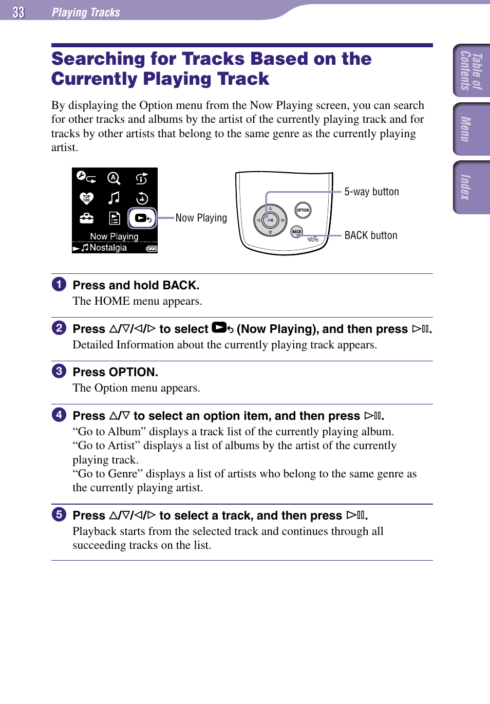 Searching for tracks based on, The currently playing track | Sony NW-A3000 Series User Manual | Page 33 / 109