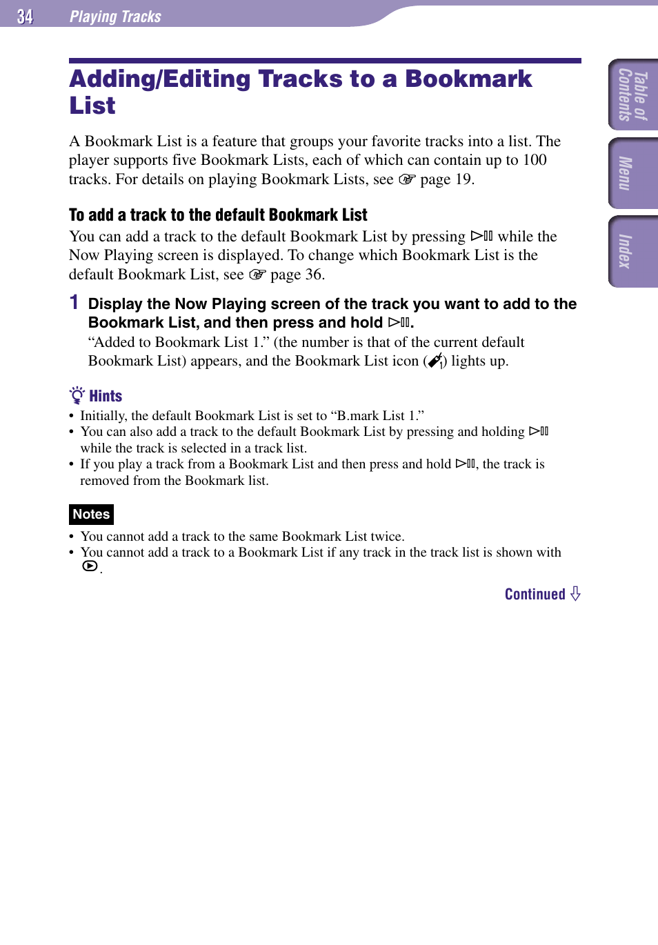 Adding/editing tracks to, A bookmark list, Adding/editing tracks to a bookmark list | Sony NW-A3000 Series User Manual | Page 34 / 109