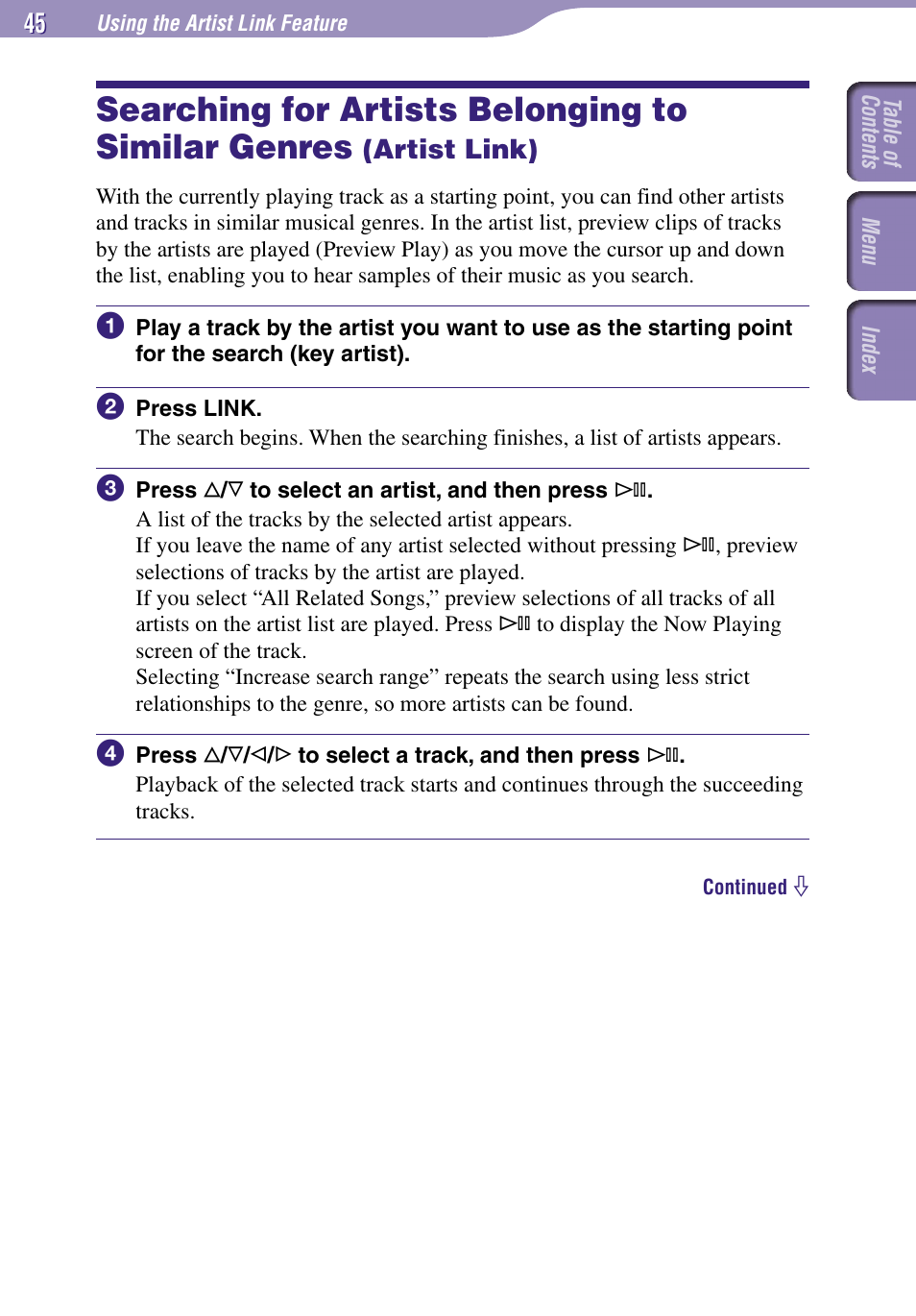 Using the artist link feature, Searching for artists belonging to, Similar genres (artist link) | Searching for artists belonging to similar genres, Artist link) | Sony NW-A3000 Series User Manual | Page 45 / 109