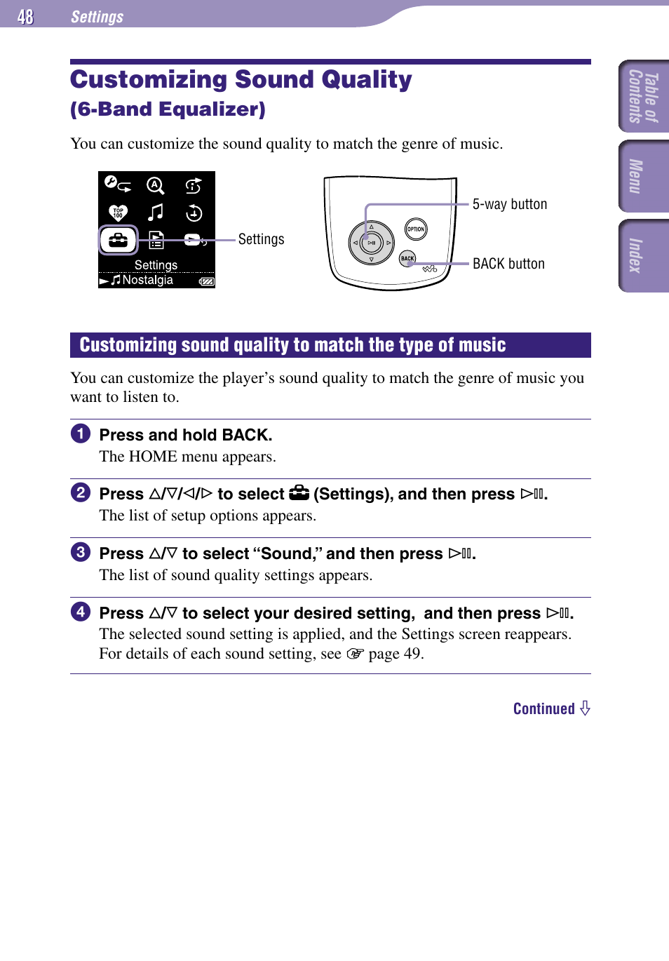 Settings, Customizing sound quality, Band equalizer) | Sony NW-A3000 Series User Manual | Page 48 / 109