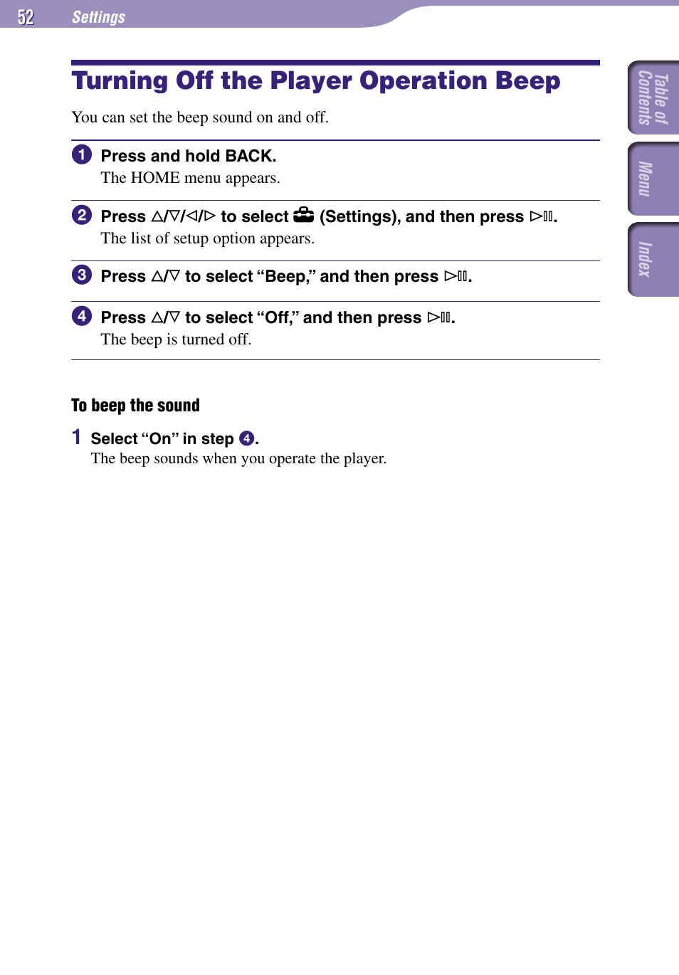 Turning off the player, Operation beep, Turning off the player operation beep | Sony NW-A3000 Series User Manual | Page 52 / 109
