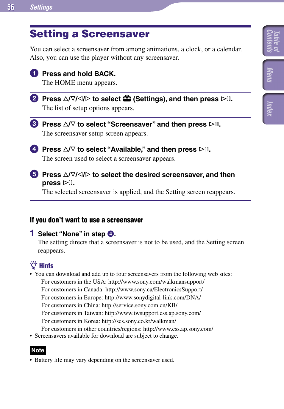 Setting a screensaver | Sony NW-A3000 Series User Manual | Page 56 / 109