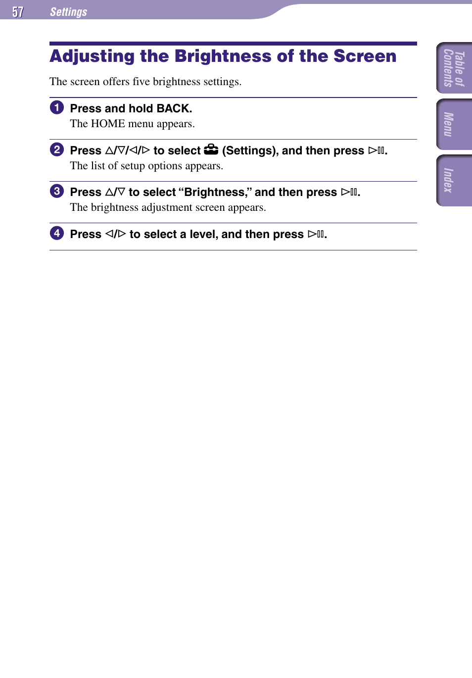 Adjusting the brightness of, The screen, Adjusting the brightness of the screen | Sony NW-A3000 Series User Manual | Page 57 / 109