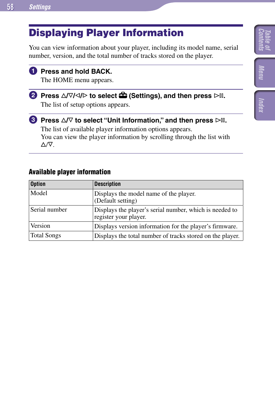 Displaying player information | Sony NW-A3000 Series User Manual | Page 58 / 109