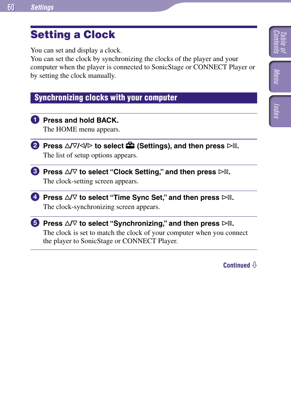 Setting a clock, Synchronizing clocks with your computer | Sony NW-A3000 Series User Manual | Page 60 / 109