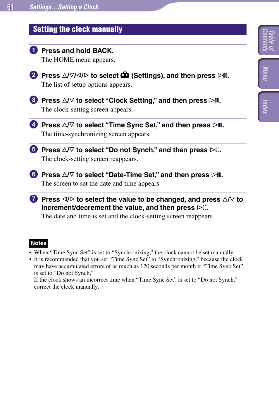 Setting the clock manually | Sony NW-A3000 Series User Manual | Page 61 / 109