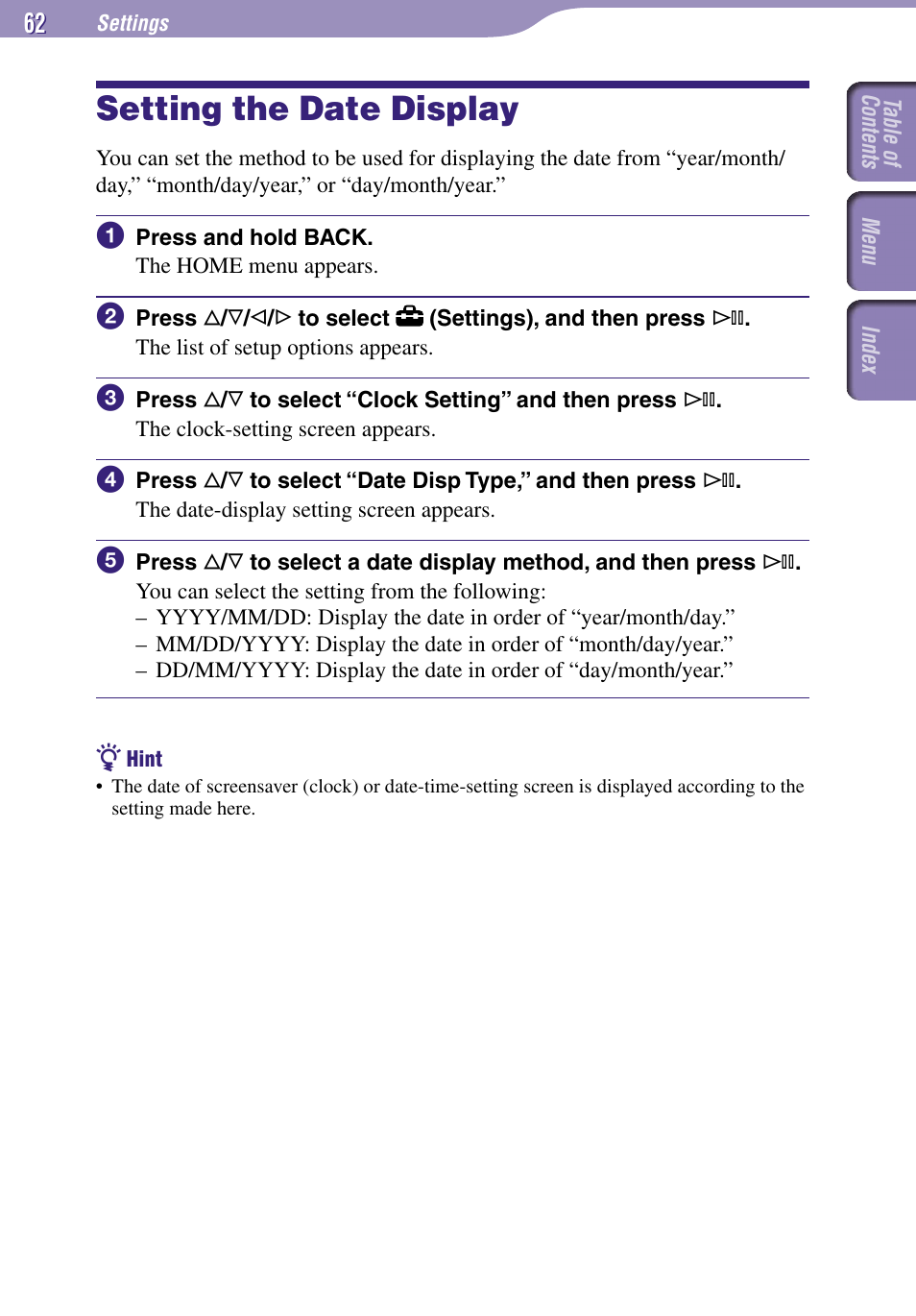Setting the date display | Sony NW-A3000 Series User Manual | Page 62 / 109