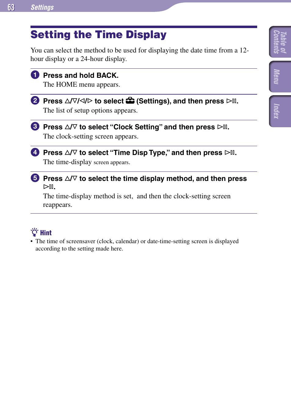 Setting the time display | Sony NW-A3000 Series User Manual | Page 63 / 109