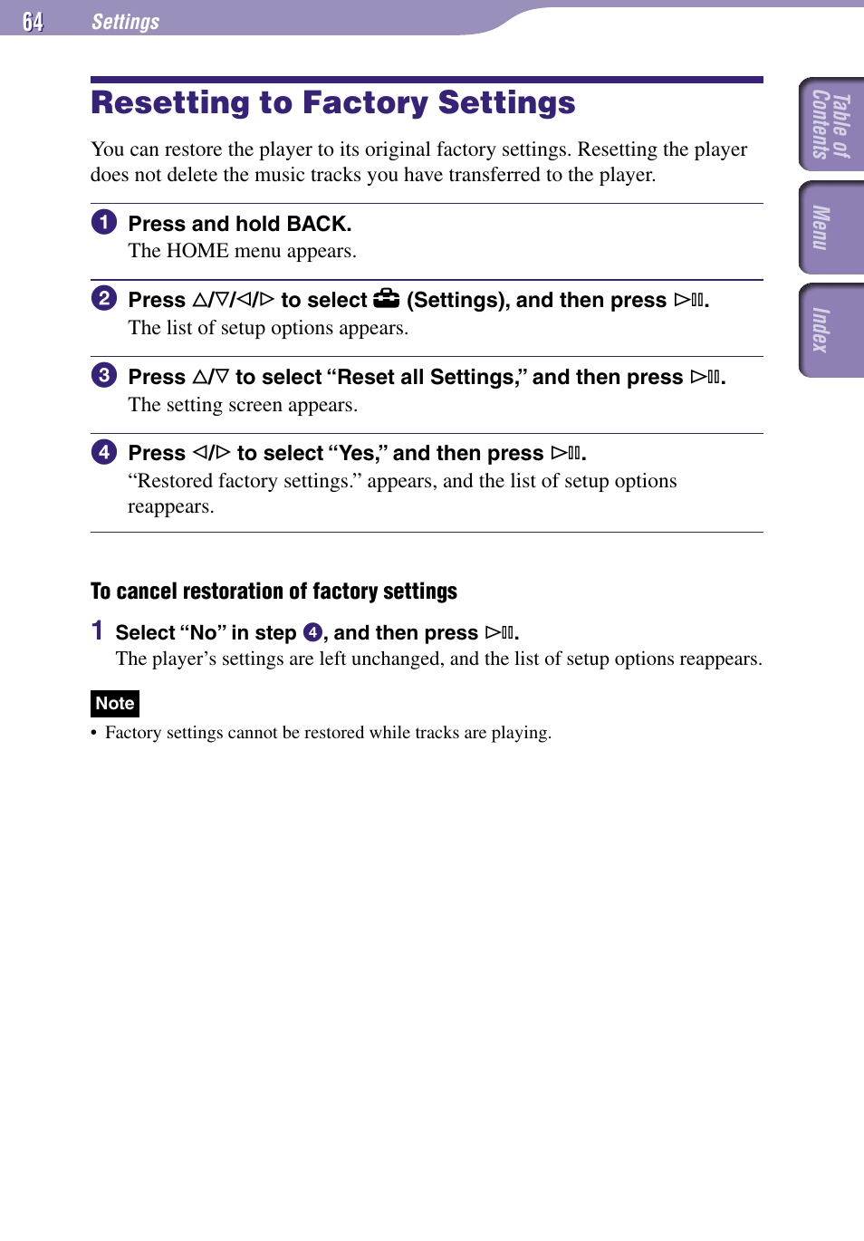 Resetting to factory settings | Sony NW-A3000 Series User Manual | Page 64 / 109