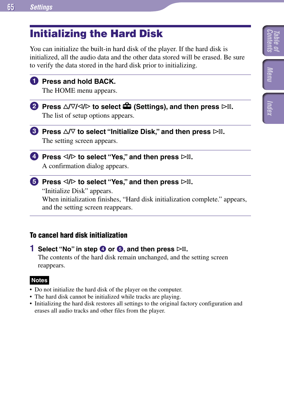 Initializing the hard disk | Sony NW-A3000 Series User Manual | Page 65 / 109