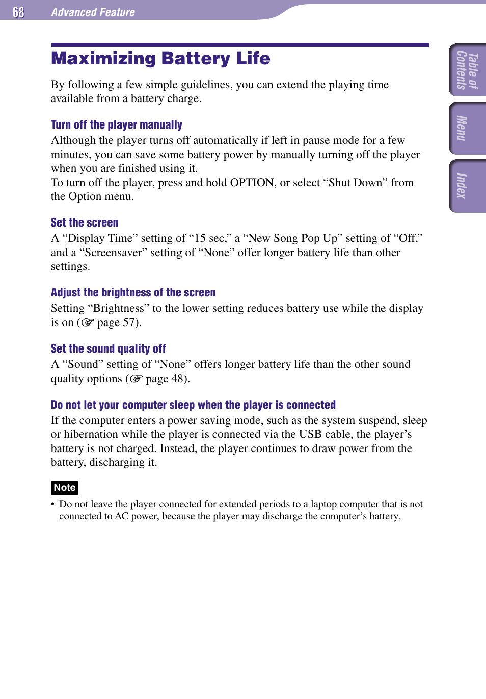 Maximizing battery life | Sony NW-A3000 Series User Manual | Page 68 / 109