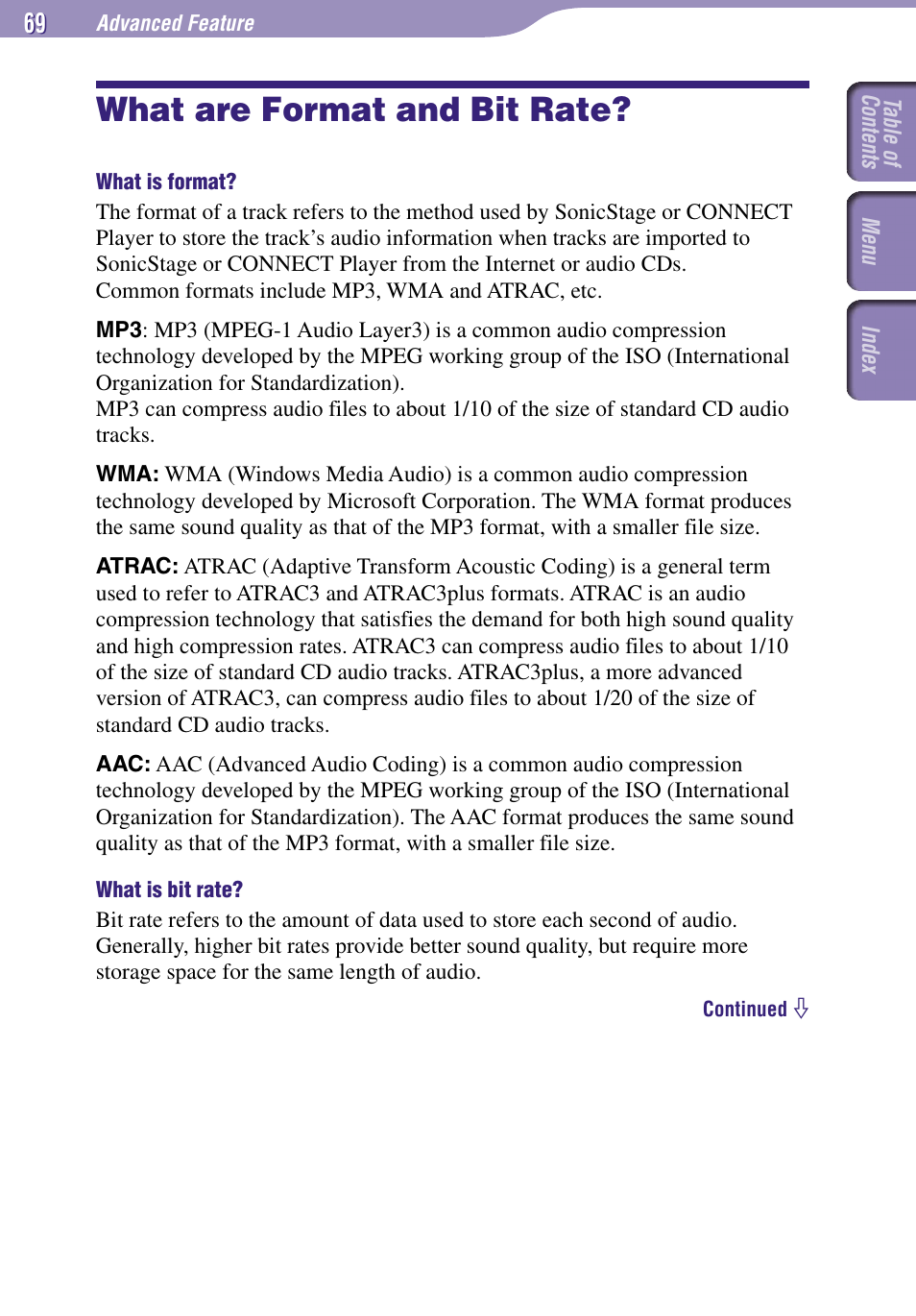 What are format and bit rate | Sony NW-A3000 Series User Manual | Page 69 / 109
