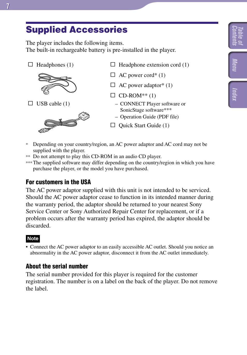 Supplied accessories | Sony NW-A3000 Series User Manual | Page 7 / 109