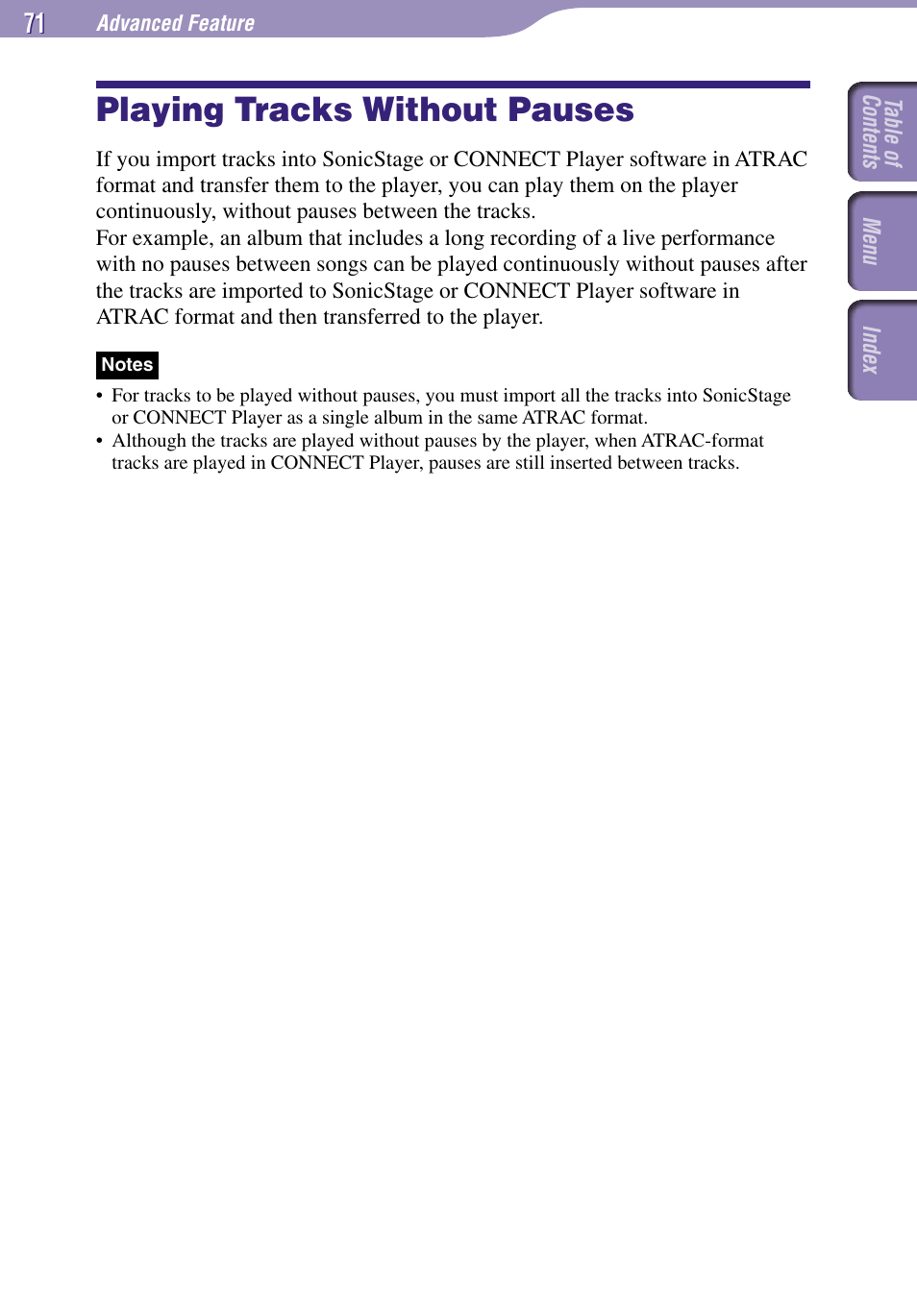 Playing tracks without pauses | Sony NW-A3000 Series User Manual | Page 71 / 109