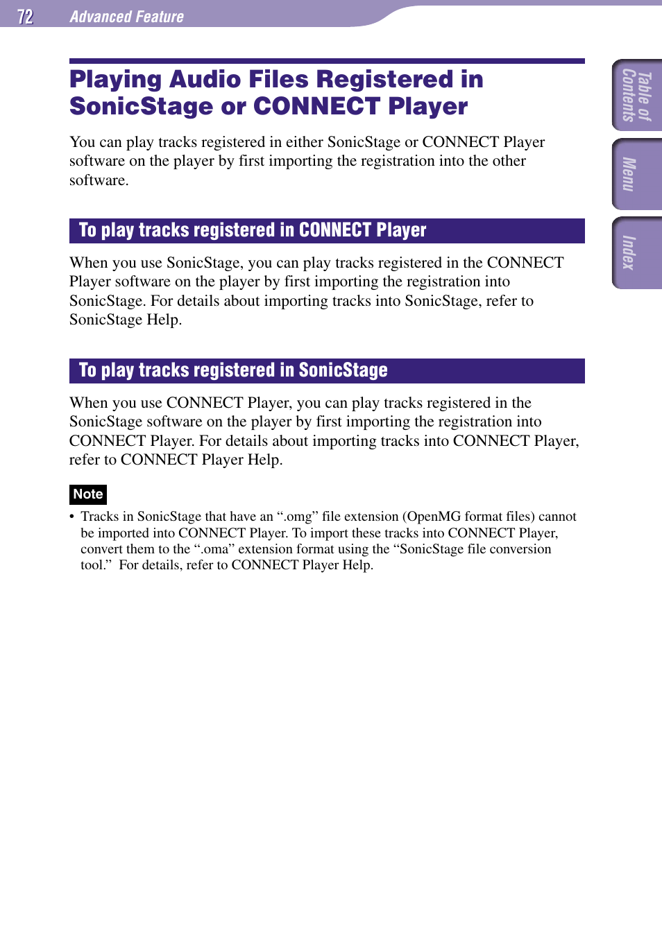 Playing audio files registered in, Sonicstage or connect player | Sony NW-A3000 Series User Manual | Page 72 / 109