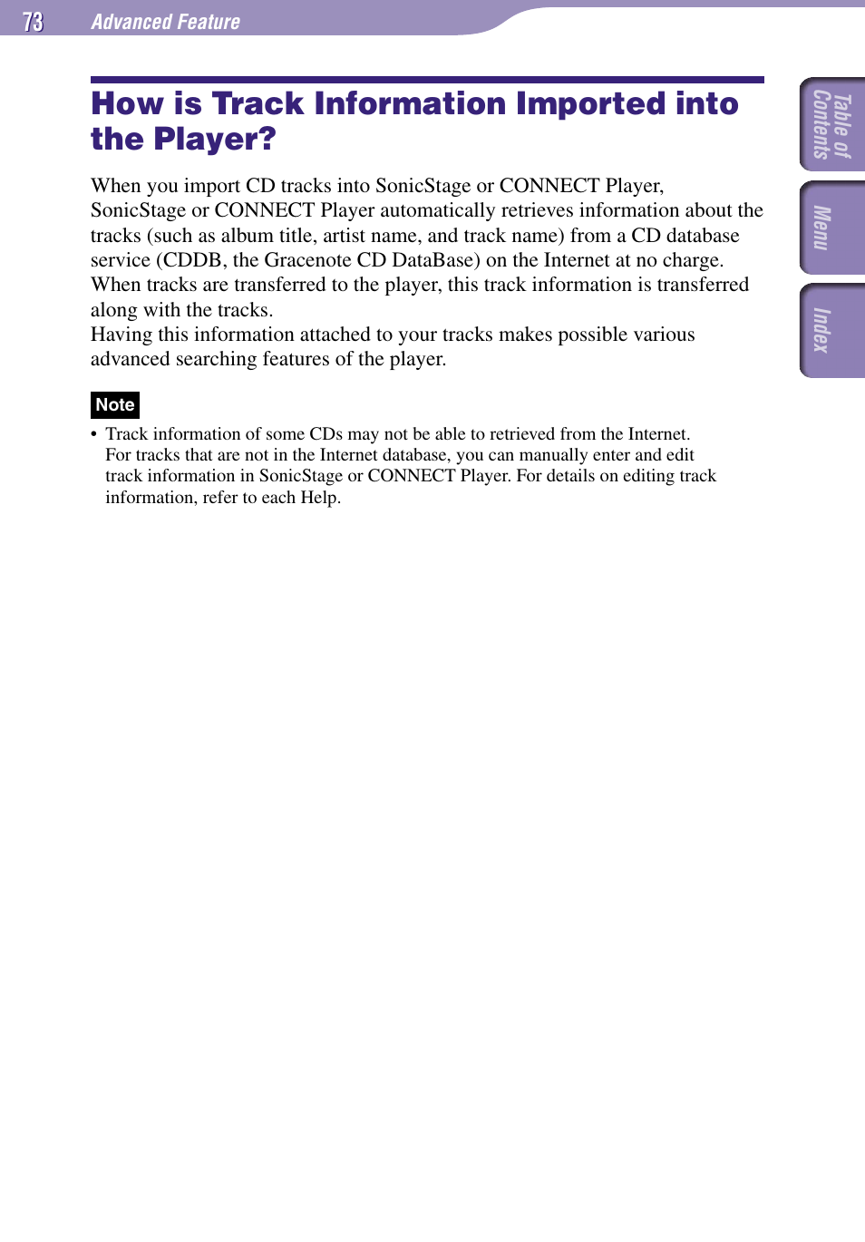 How is track information imported, Into the player, How is track information imported into the player | Sony NW-A3000 Series User Manual | Page 73 / 109