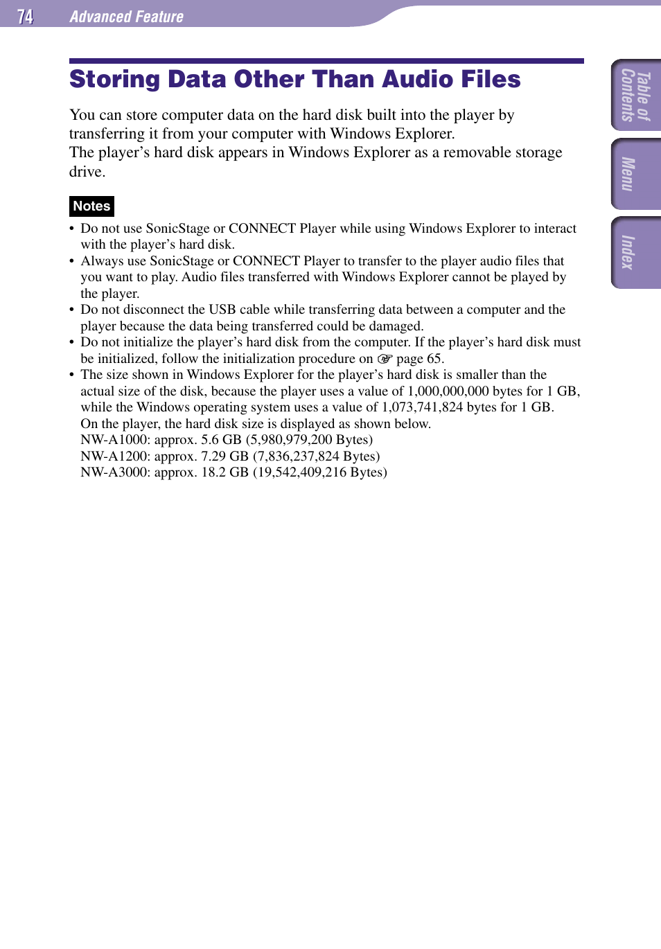 Storing data other than audio files | Sony NW-A3000 Series User Manual | Page 74 / 109