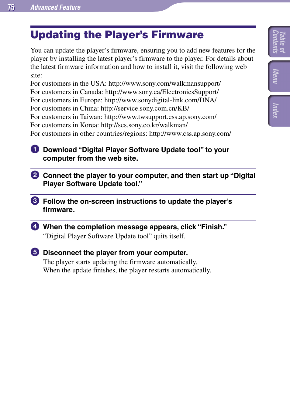 Updating the player’s firmware | Sony NW-A3000 Series User Manual | Page 75 / 109