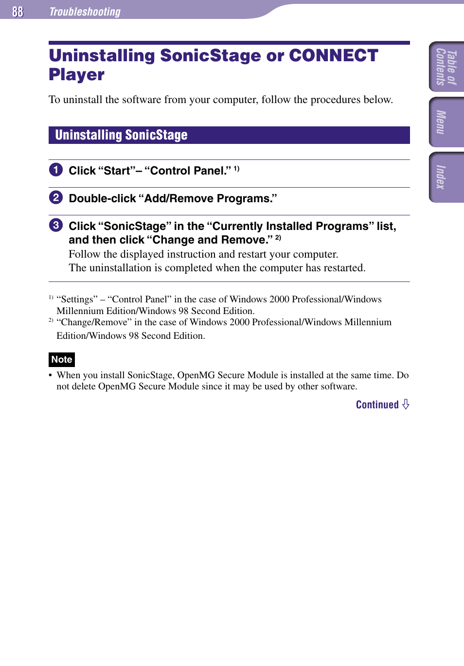 Uninstalling sonicstage or, Connect player, Uninstalling sonicstage or connect player | Uninstalling sonicstage | Sony NW-A3000 Series User Manual | Page 88 / 109