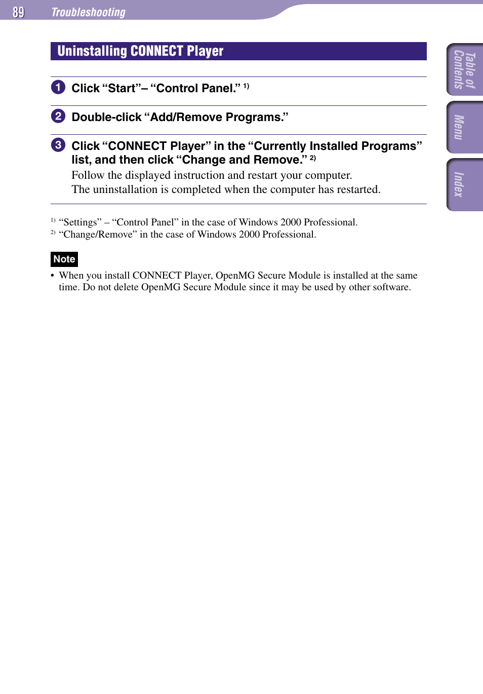 Uninstalling connect player | Sony NW-A3000 Series User Manual | Page 89 / 109