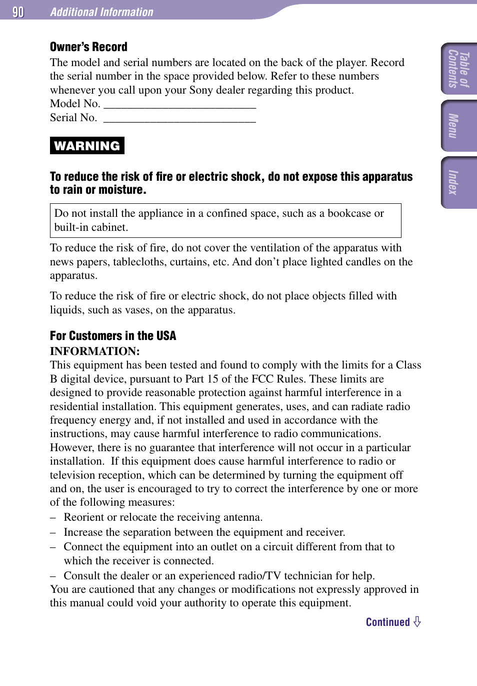 Additional information, Warning | Sony NW-A3000 Series User Manual | Page 90 / 109