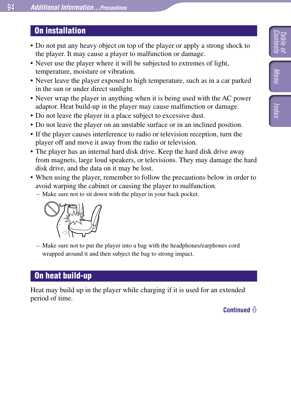 On installation, On heat build-up | Sony NW-A3000 Series User Manual | Page 94 / 109