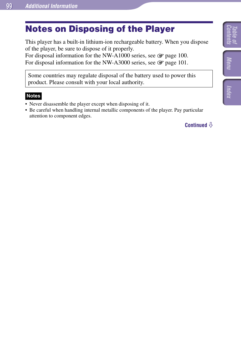 Notes on disposing of the player | Sony NW-A3000 Series User Manual | Page 99 / 109