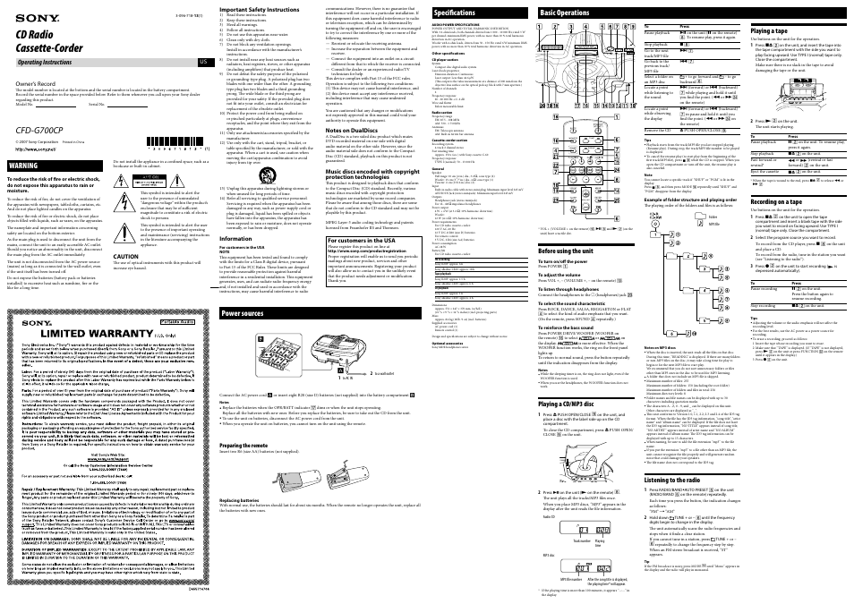 Sony Xplod CFD-G700CP User Manual | 2 pages