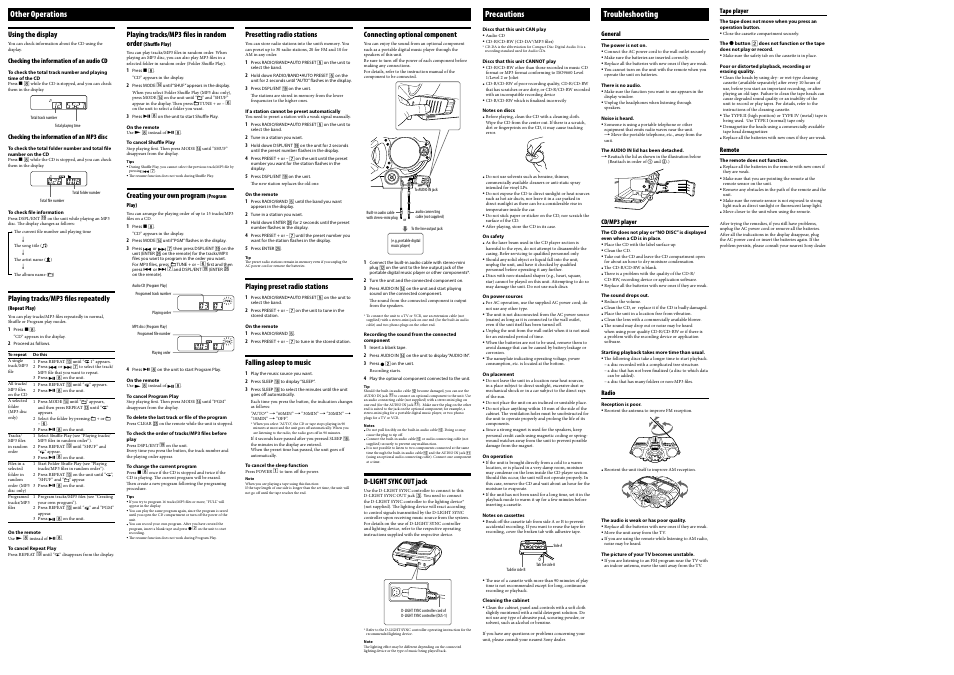 Other operations, Precautions, Troubleshooting | Sony Xplod CFD-G700CP User Manual | Page 2 / 2