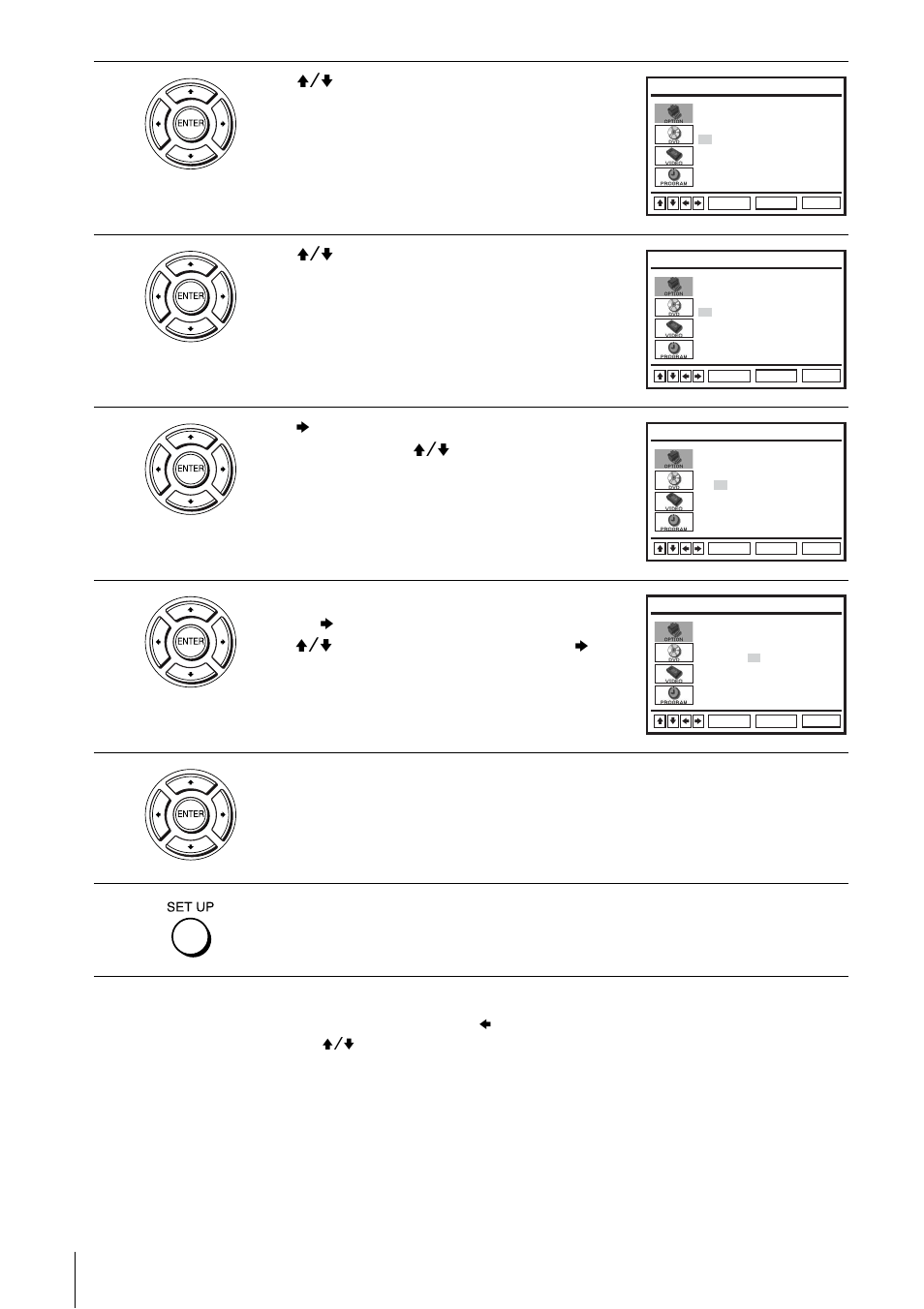 Press v/v to select, Manual, Then press enter | Press v/v to set the hour, Press enter to confirm the setting, Press set up to exit the menu | Sony SLV-D251P User Manual | Page 22 / 116