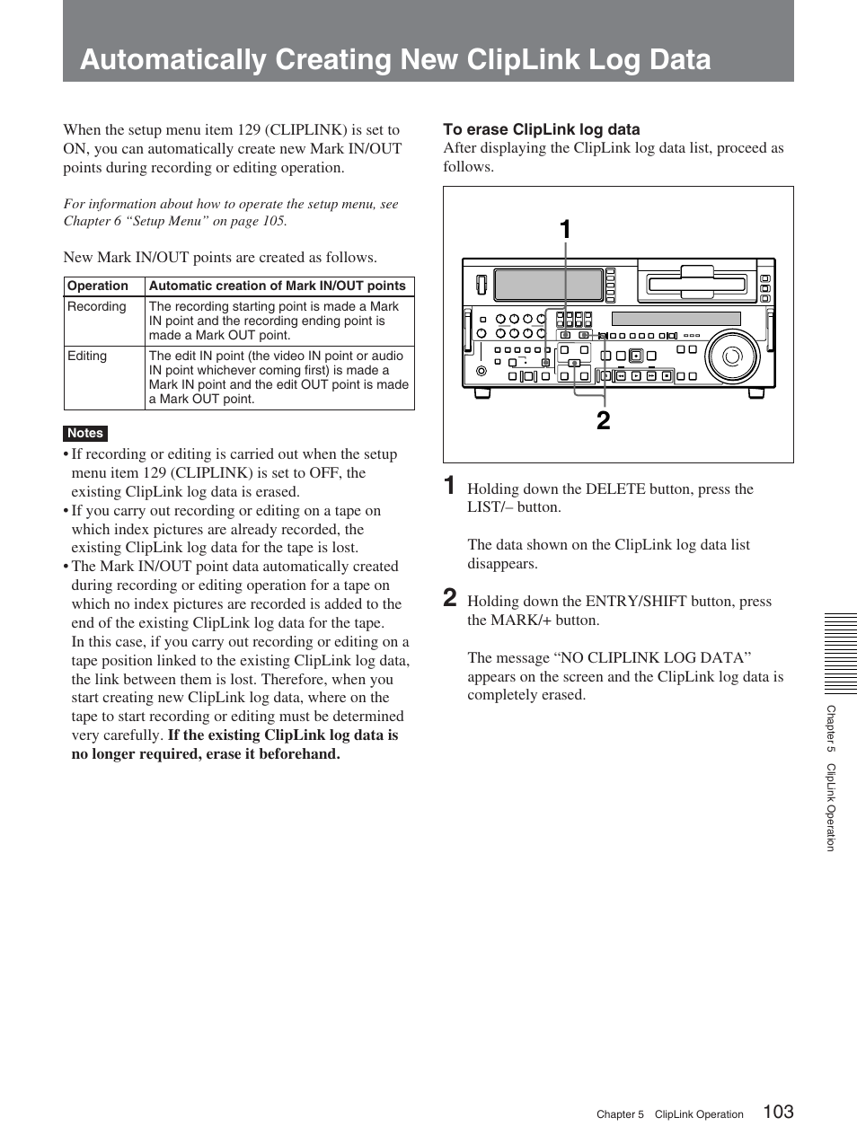 Automatically creating new cliplink log data | Sony DSR-2000AP User Manual | Page 103 / 150