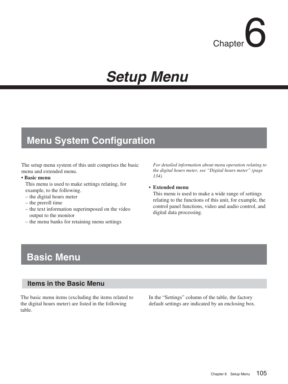 Chapter 6 setup menu, Menu system configuration, Basic menu | Items in the basic menu, Setup menu | Sony DSR-2000AP User Manual | Page 105 / 150