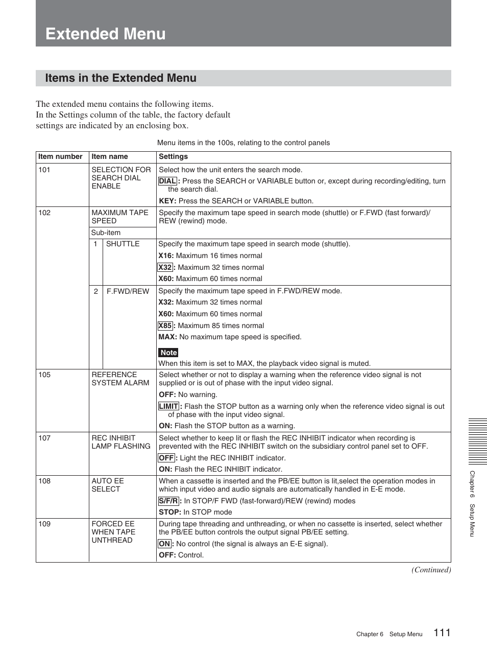 Extended menu, Items in the extended menu | Sony DSR-2000AP User Manual | Page 111 / 150