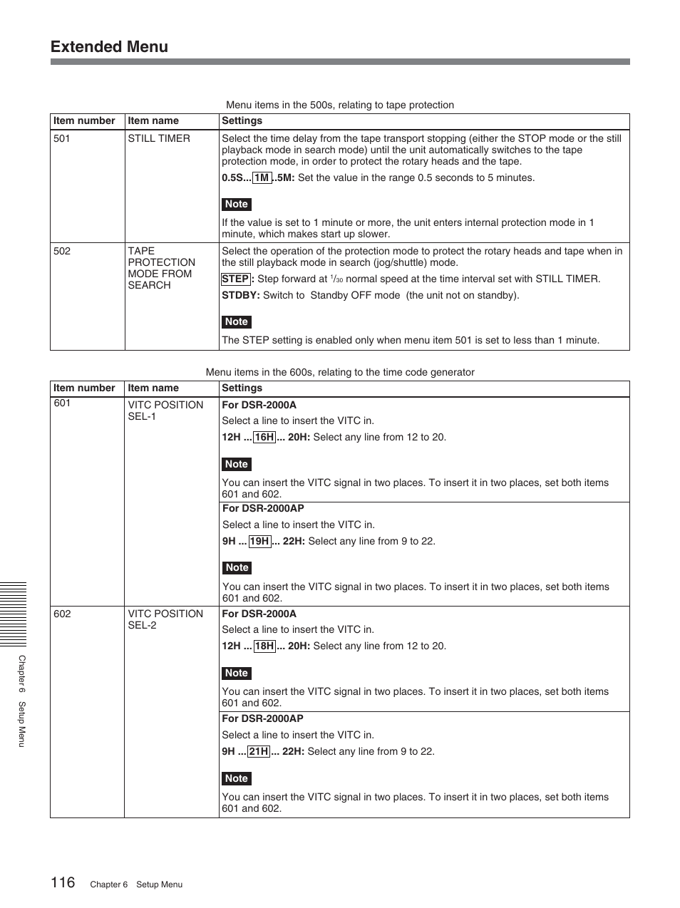 Extended menu | Sony DSR-2000AP User Manual | Page 116 / 150