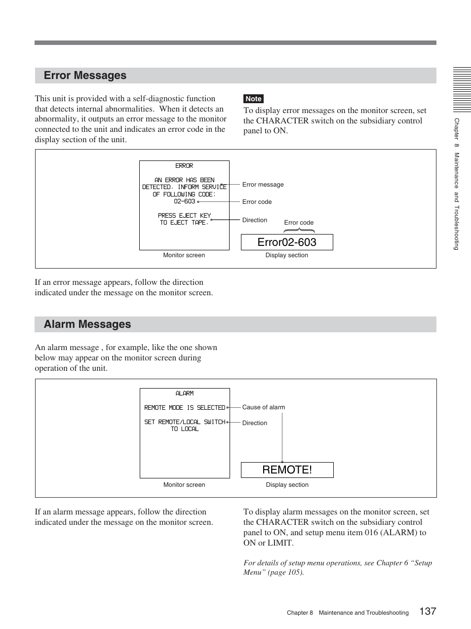 Error messages, Alarm messages, Remote | Sony DSR-2000AP User Manual | Page 137 / 150