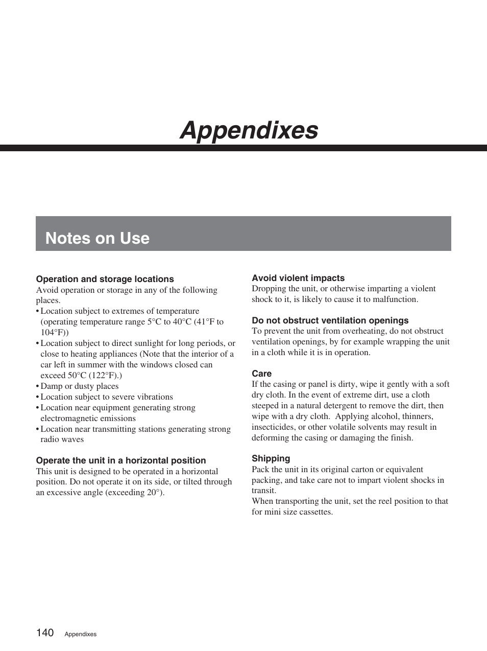 Appendixes, Notes on use | Sony DSR-2000AP User Manual | Page 140 / 150